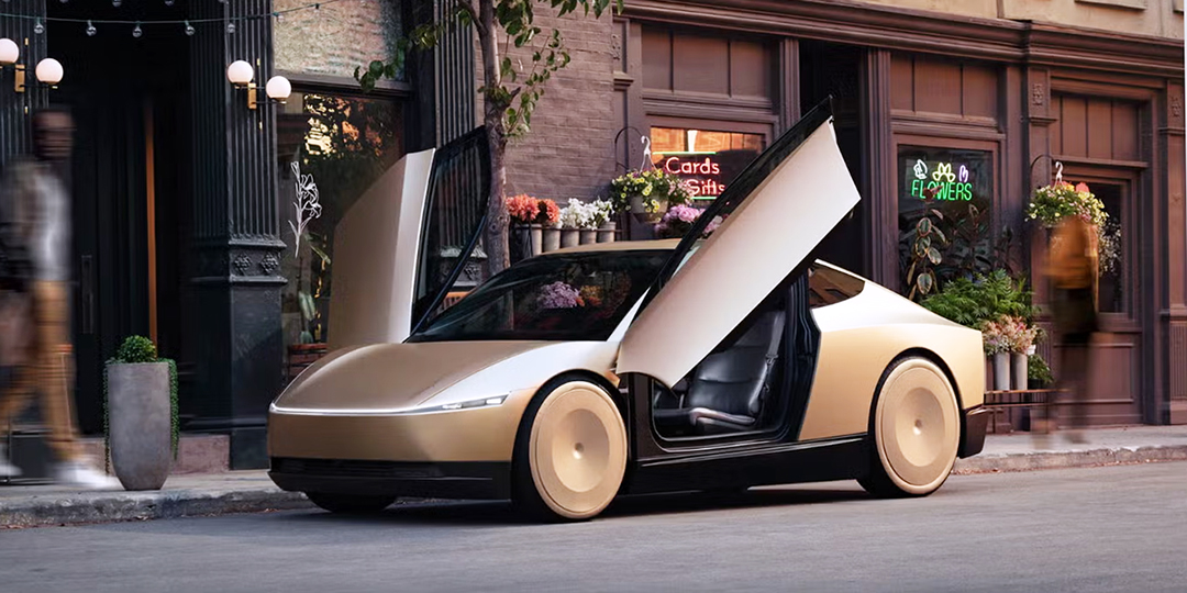 A photo of Tesla's Cybercab ‌vehicle parked on the street.
